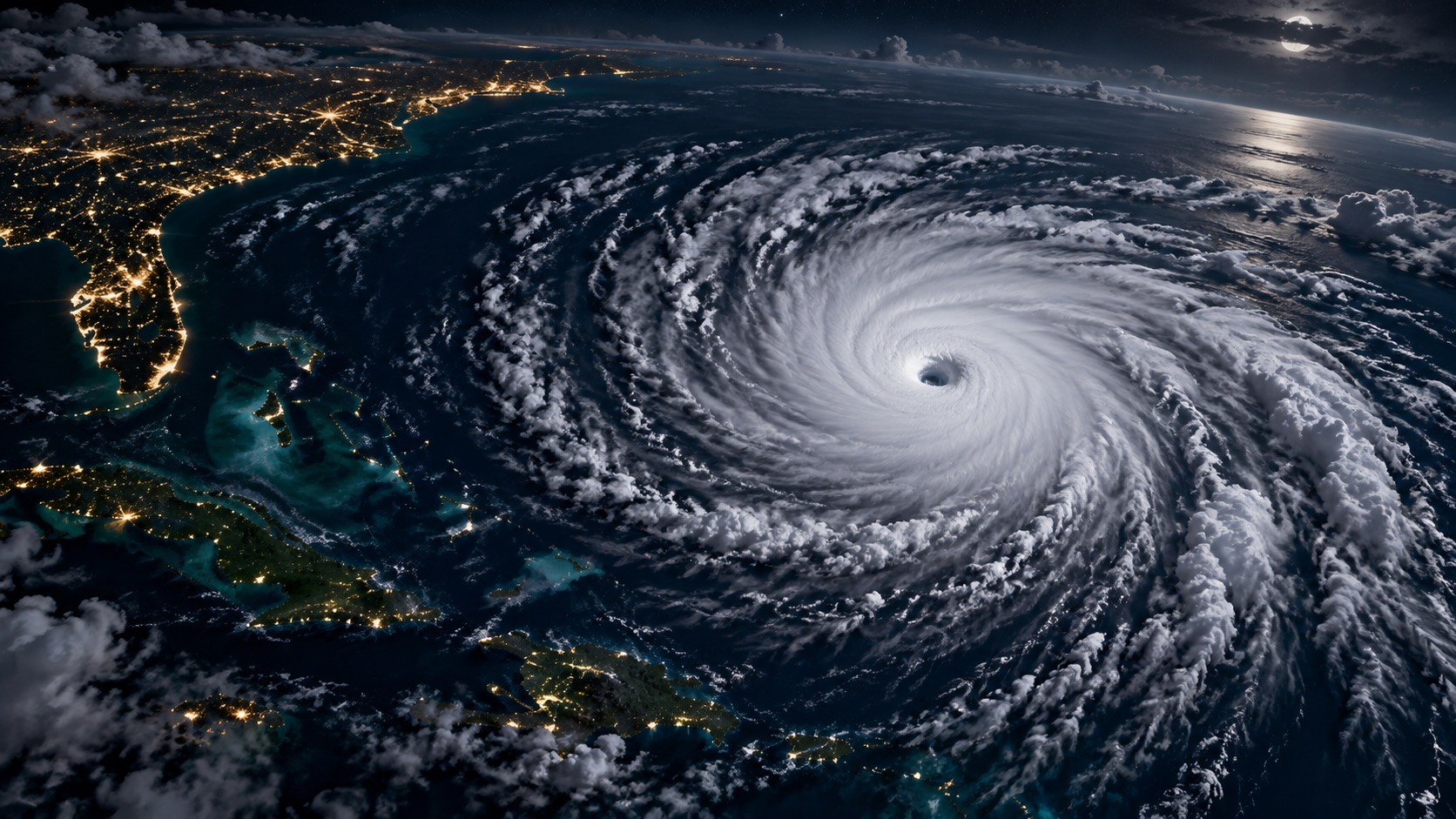 Concept illustration of a spiral Atlantic storm over deep blue water; not documentation of an actual forecast event