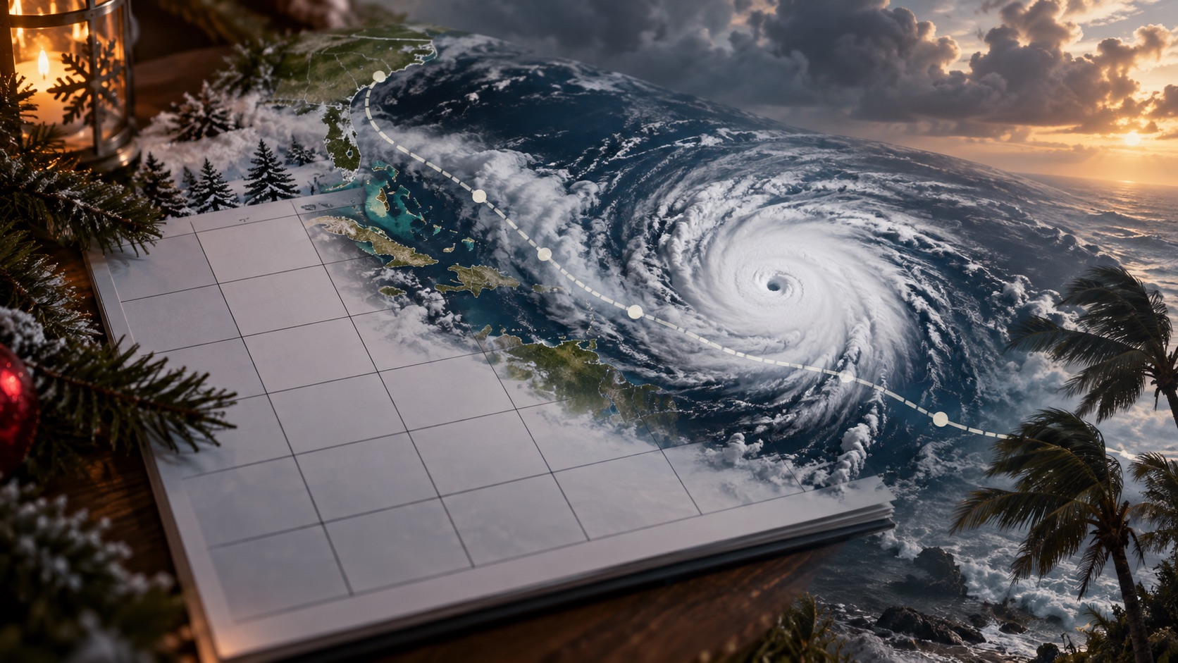 Concept illustration of December cyclone track crossing a calendar; not documentation of an actual forecast event