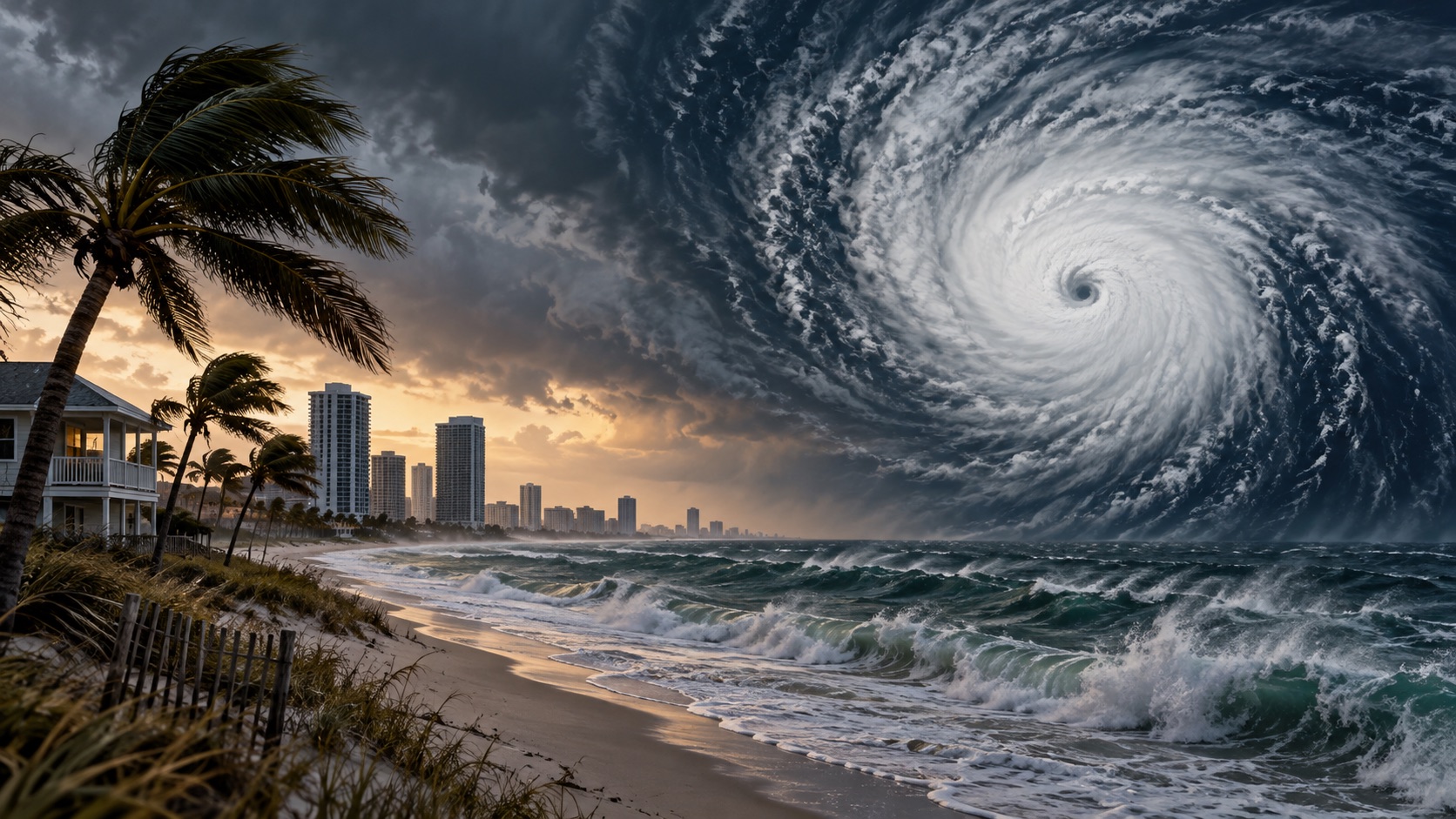Concept illustration of a storm path reaching the United States coast; not documentation of an actual forecast event