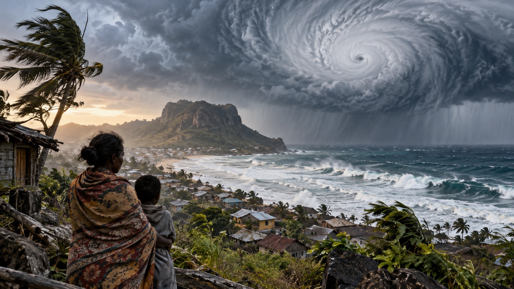Concept illustration of Madagascar coastline under a cyclone swirl; not documentation of an actual forecast event