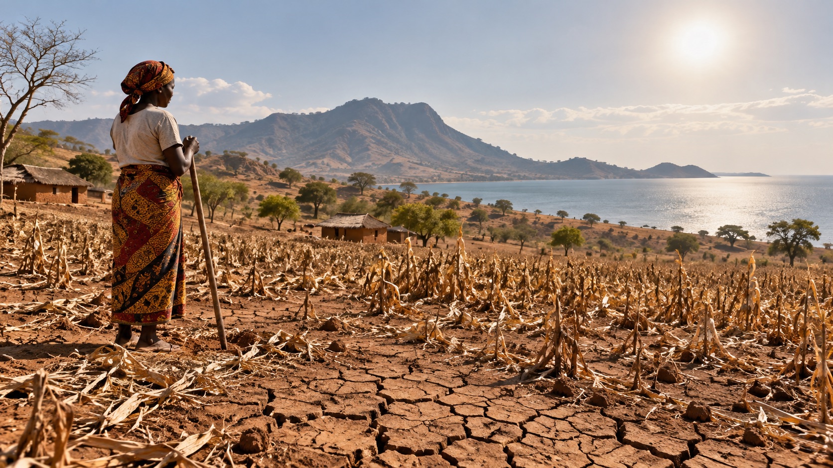 Concept illustration of parched Malawi fields beneath a white sun; not documentation of an actual forecast event