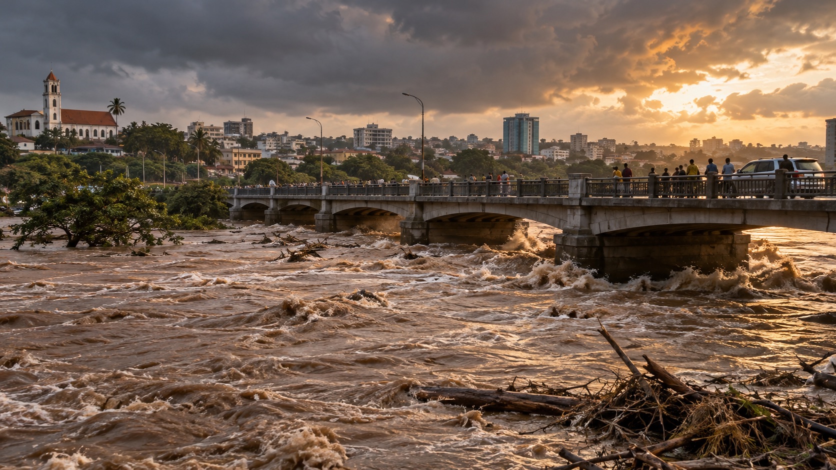 Concept illustration of Tanzania river rising over a bridge; not documentation of an actual forecast event