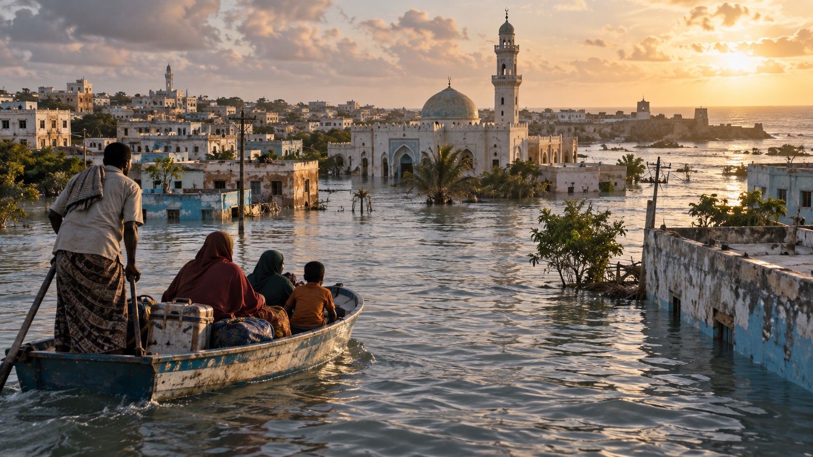 Concept illustration of Somali town surrounded by flood water; not documentation of an actual forecast event
