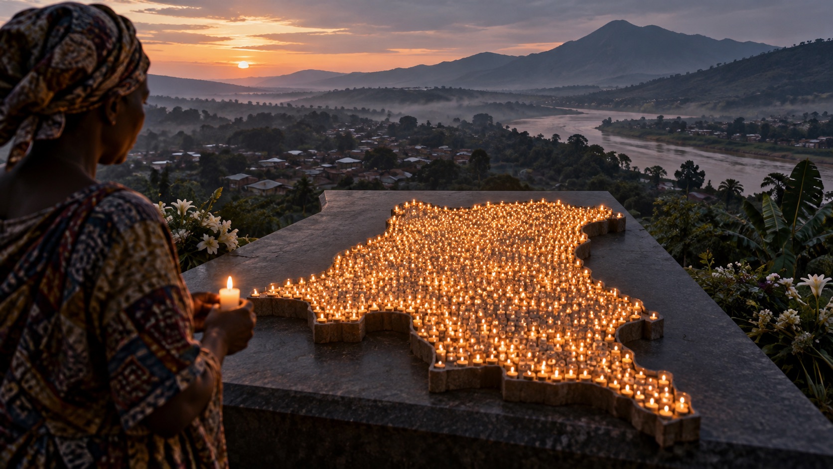 Concept illustration of five thousand memorial lights on a Congo silhouette; not documentation of an actual forecast event