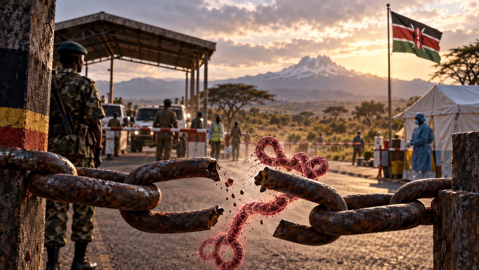 Concept illustration of Kenya border route and a broken infection chain; not documentation of an actual forecast event