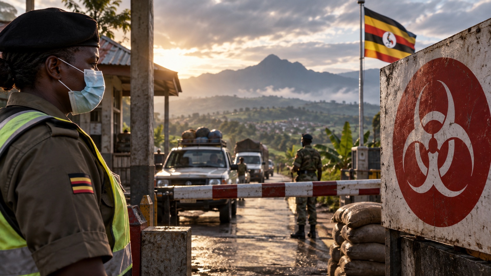 Concept illustration of Uganda border checkpoint and a red alert marker; not documentation of an actual forecast event
