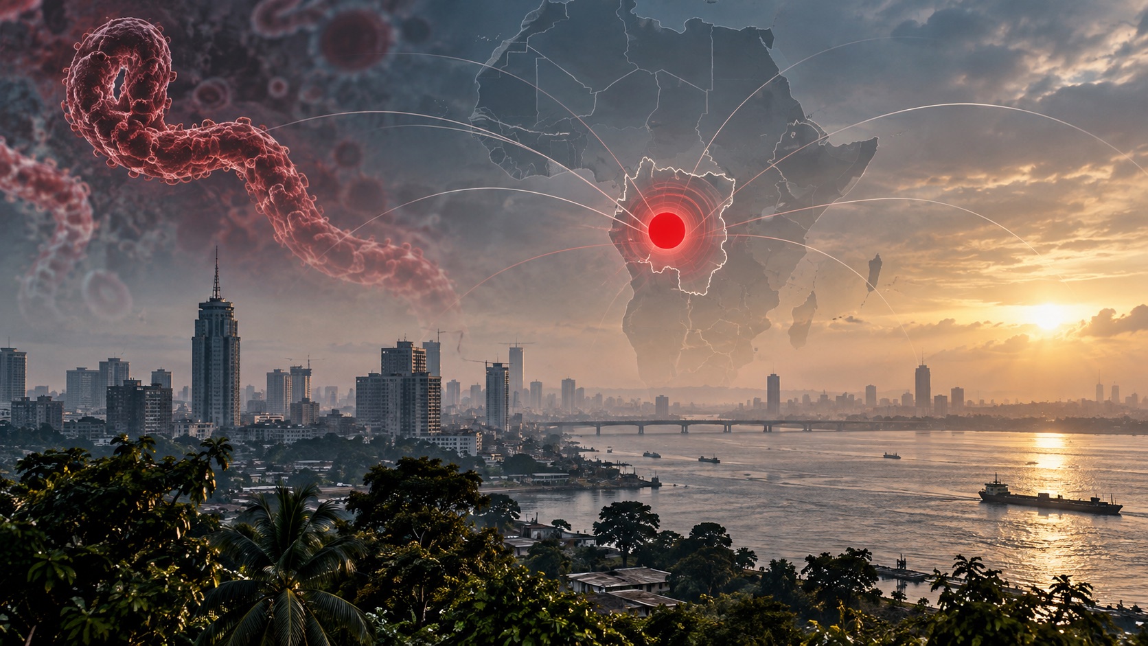 Concept illustration of Kinshasa skyline behind an isolated red dot; not documentation of an actual forecast event