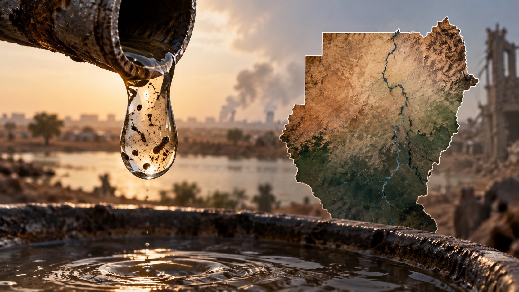 Concept illustration of contaminated water drop beside a Sudan map; not documentation of an actual forecast event