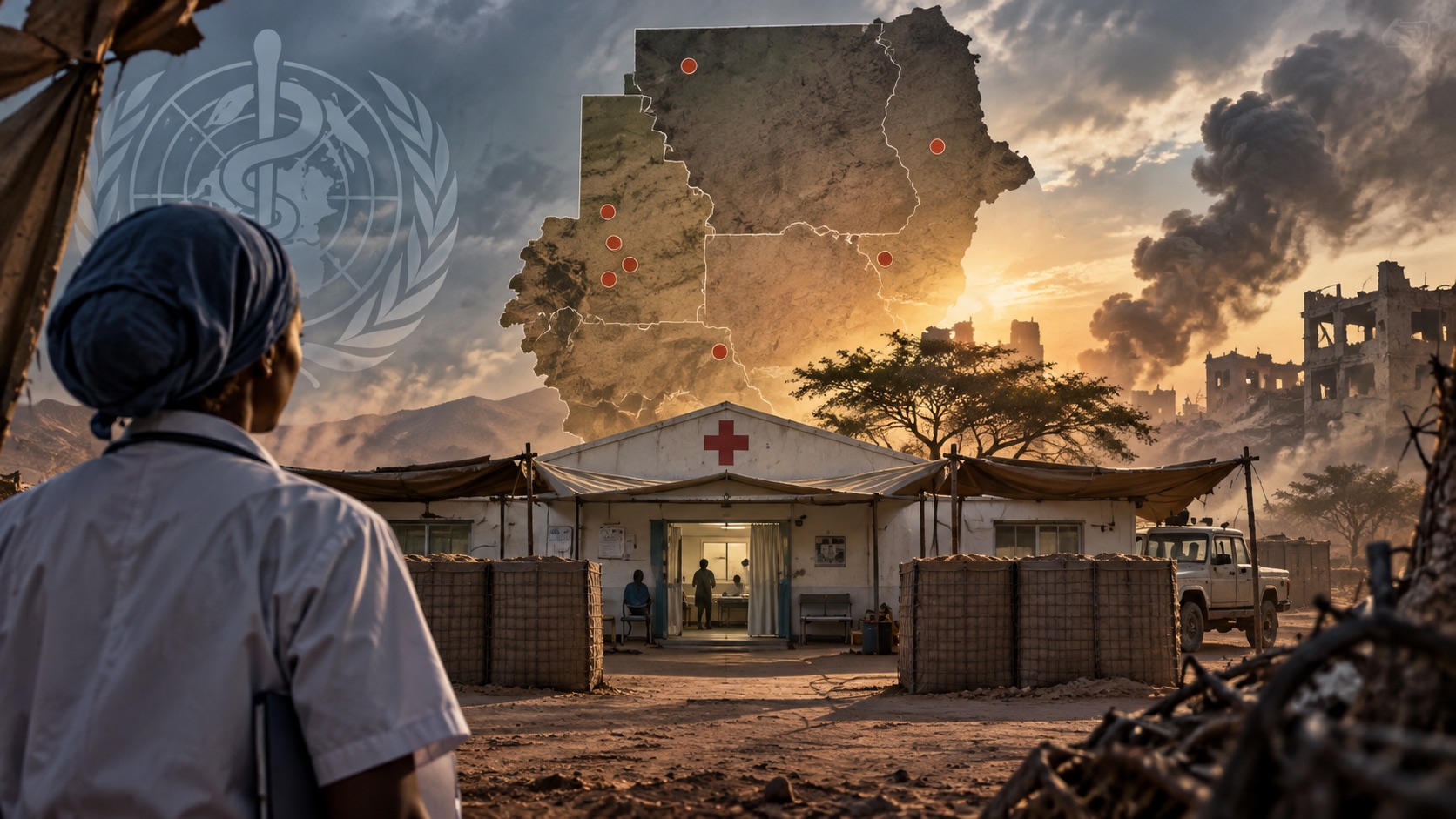 Concept illustration of a protected clinic marked against a Sudan map; not documentation of an actual forecast event