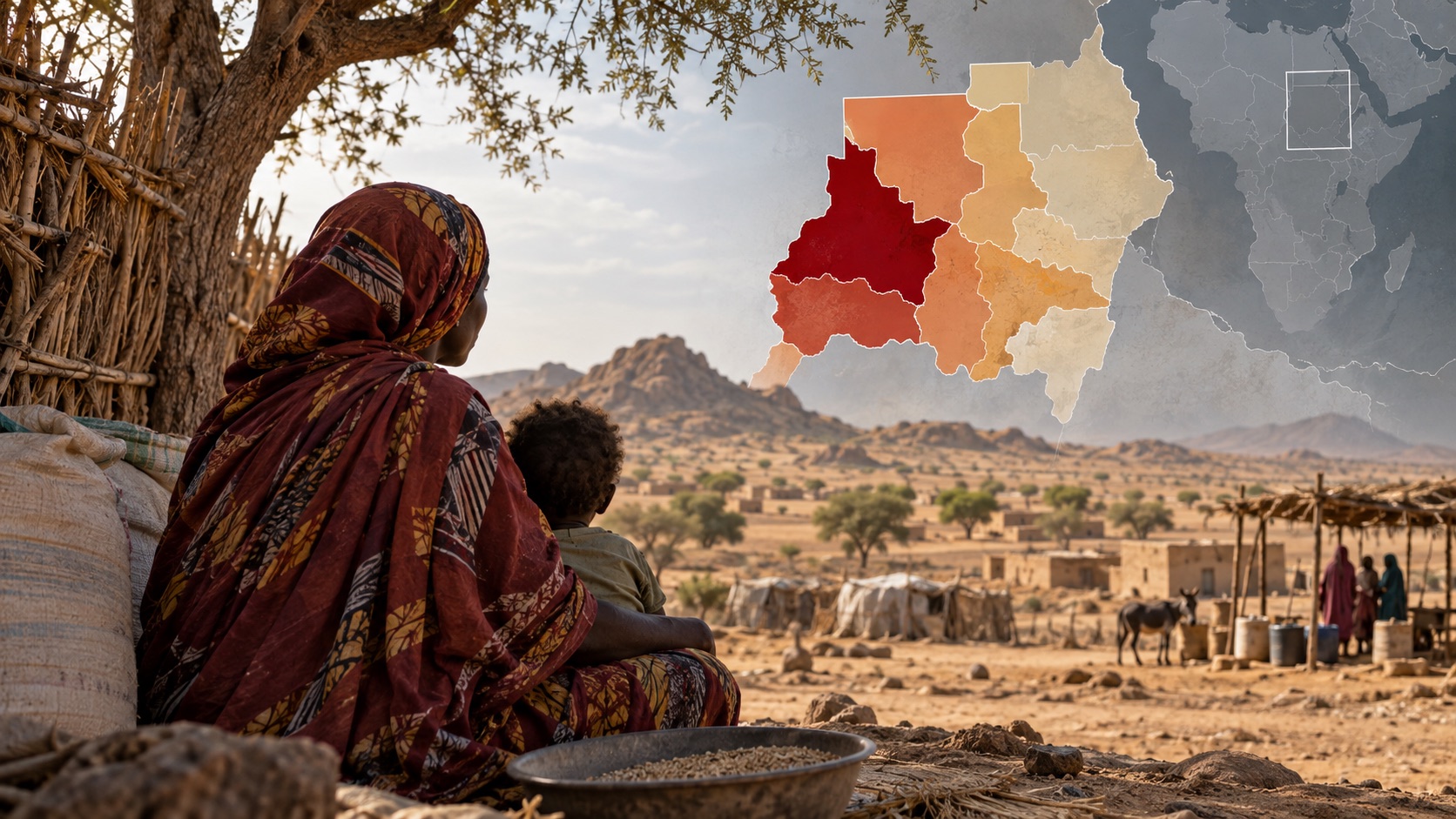 Concept illustration of North Darfur food security map marked phase five; not documentation of an actual forecast event