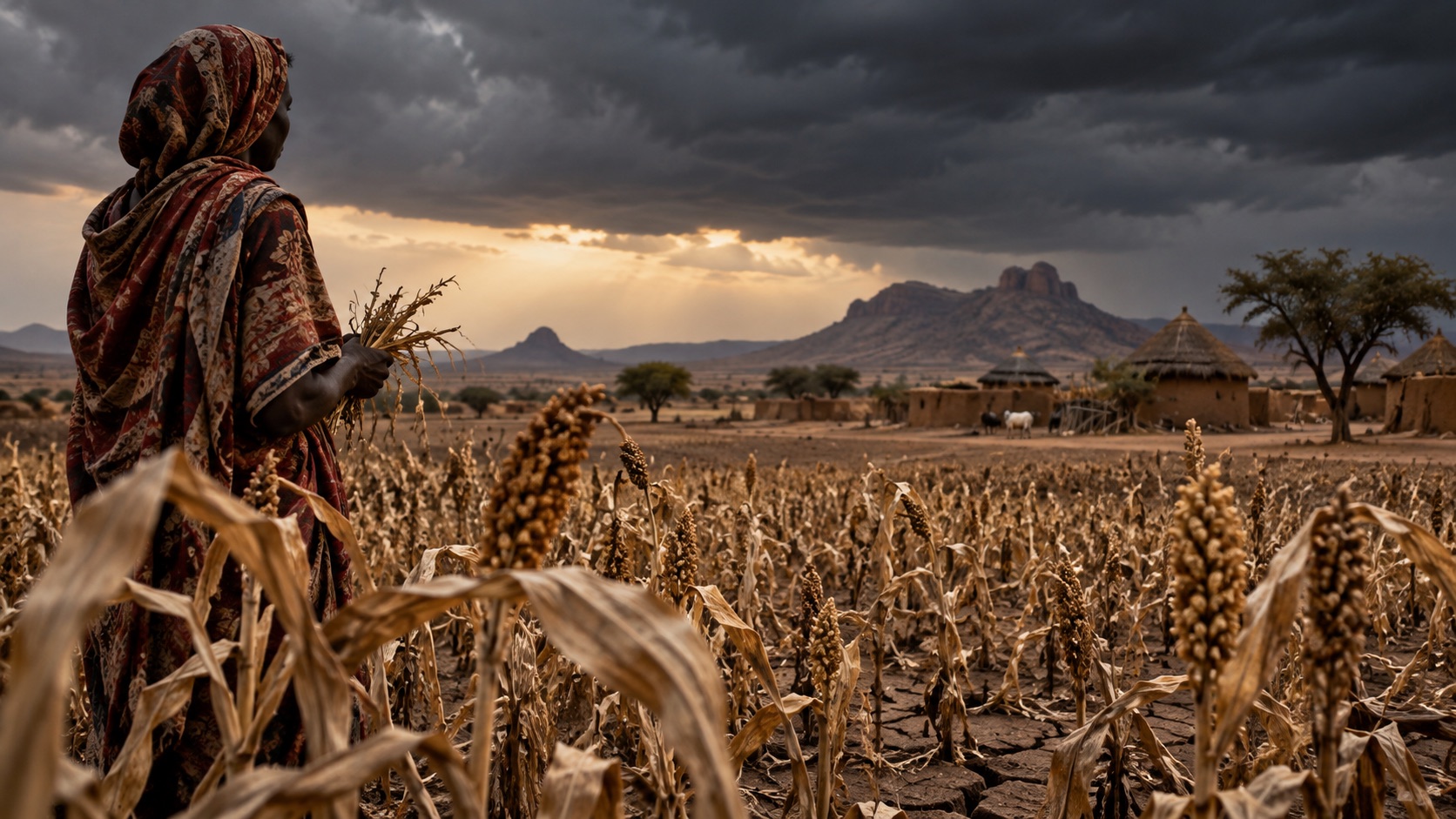 Concept illustration of Kordofan grain field under a dark sky; not documentation of an actual forecast event