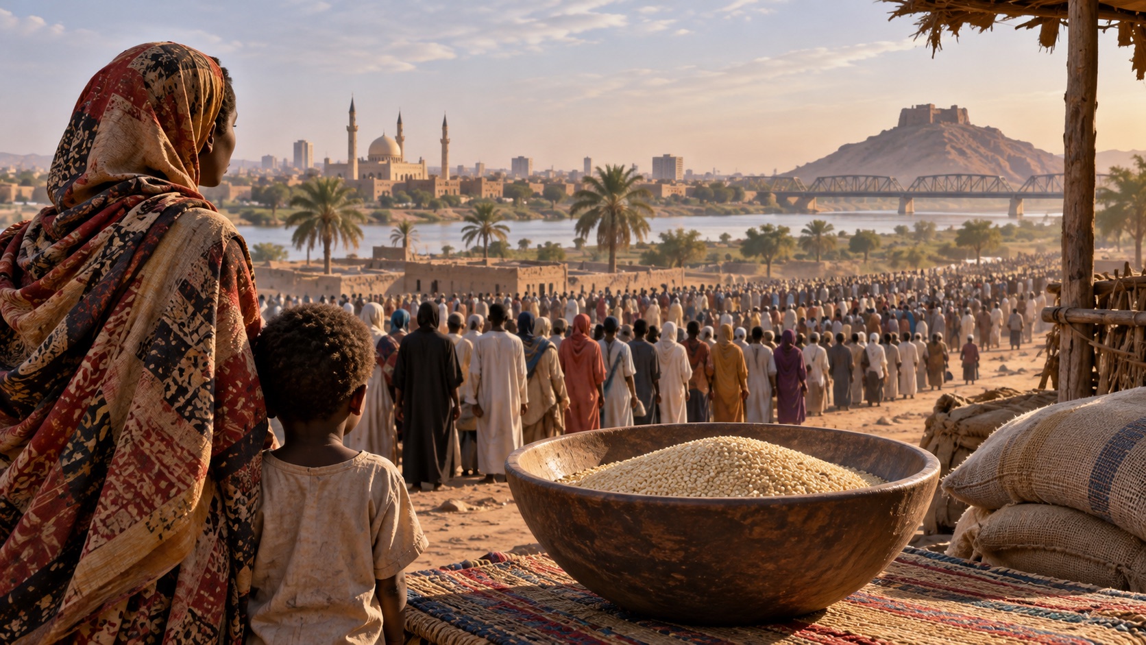 Concept illustration of twenty million silhouettes beside a grain bowl; not documentation of an actual forecast event