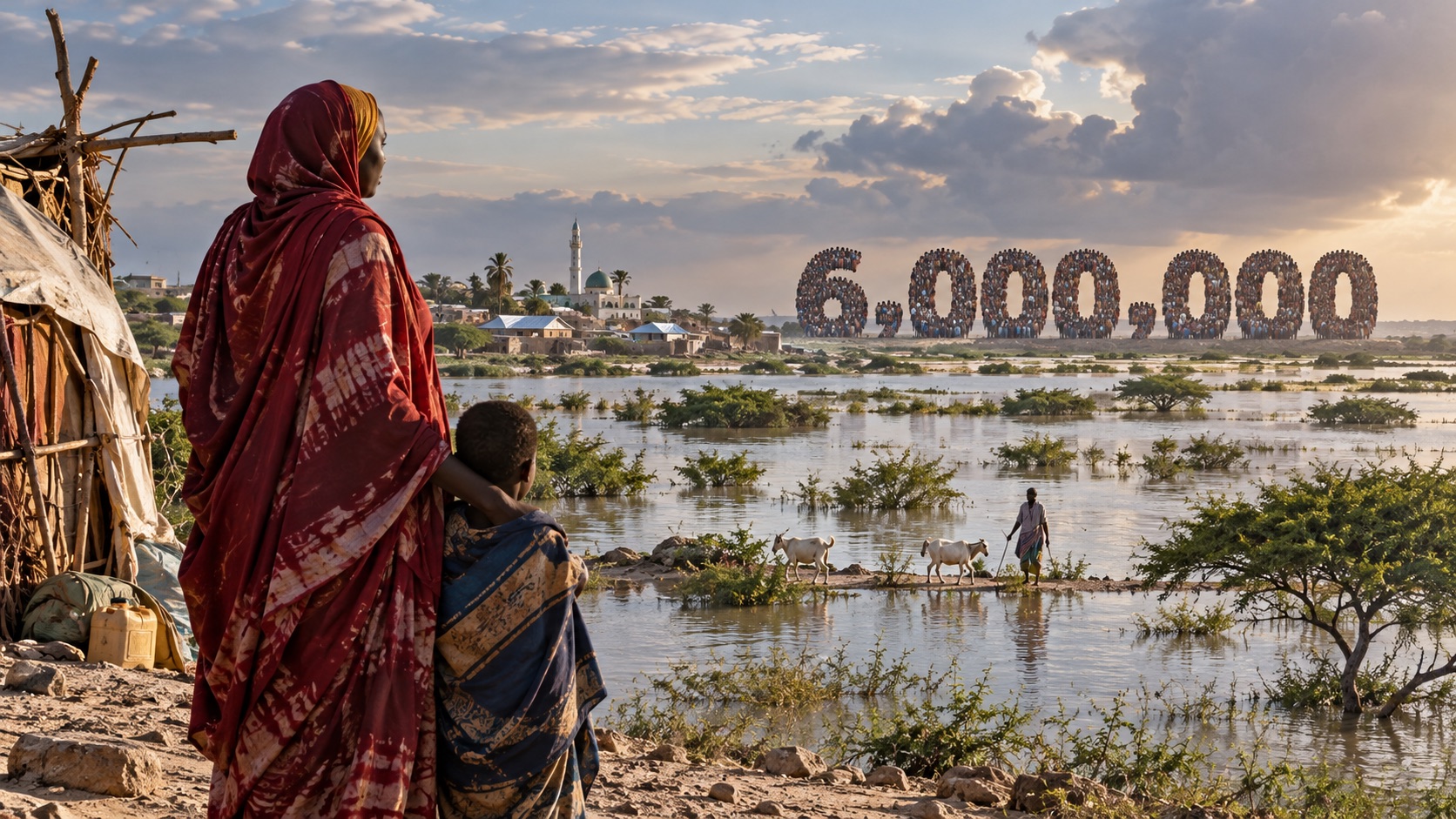 Concept illustration of Somali floodplain and a six million marker; not documentation of an actual forecast event