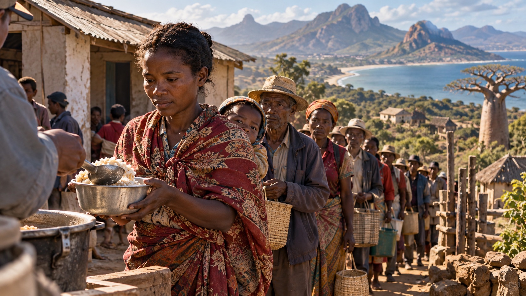 Concept illustration of Madagascar food queue and a four million marker; not documentation of an actual forecast event