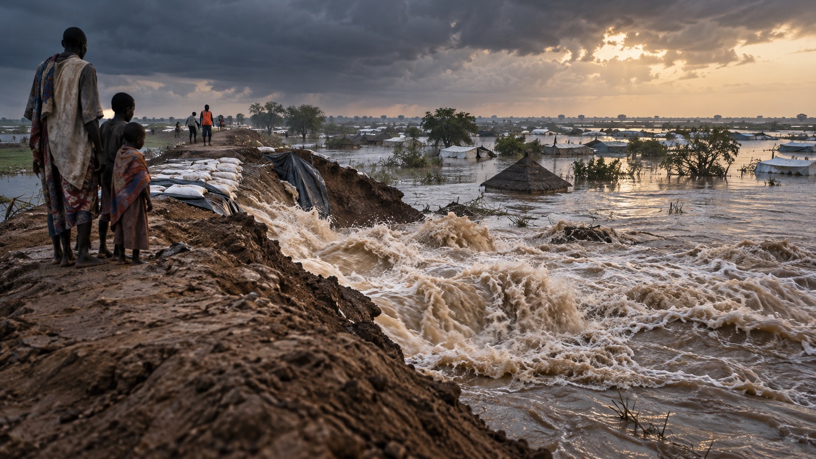 Concept illustration of Bentiu protective dyke against rising water; not documentation of an actual forecast event