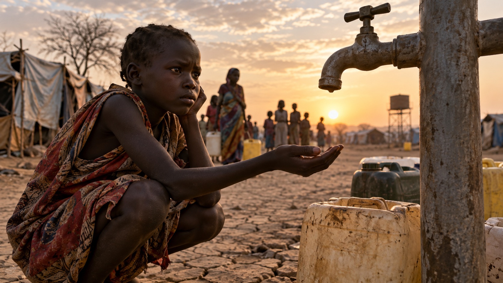 Concept illustration of dry water tap at a South Sudan displacement camp; not documentation of an actual forecast event