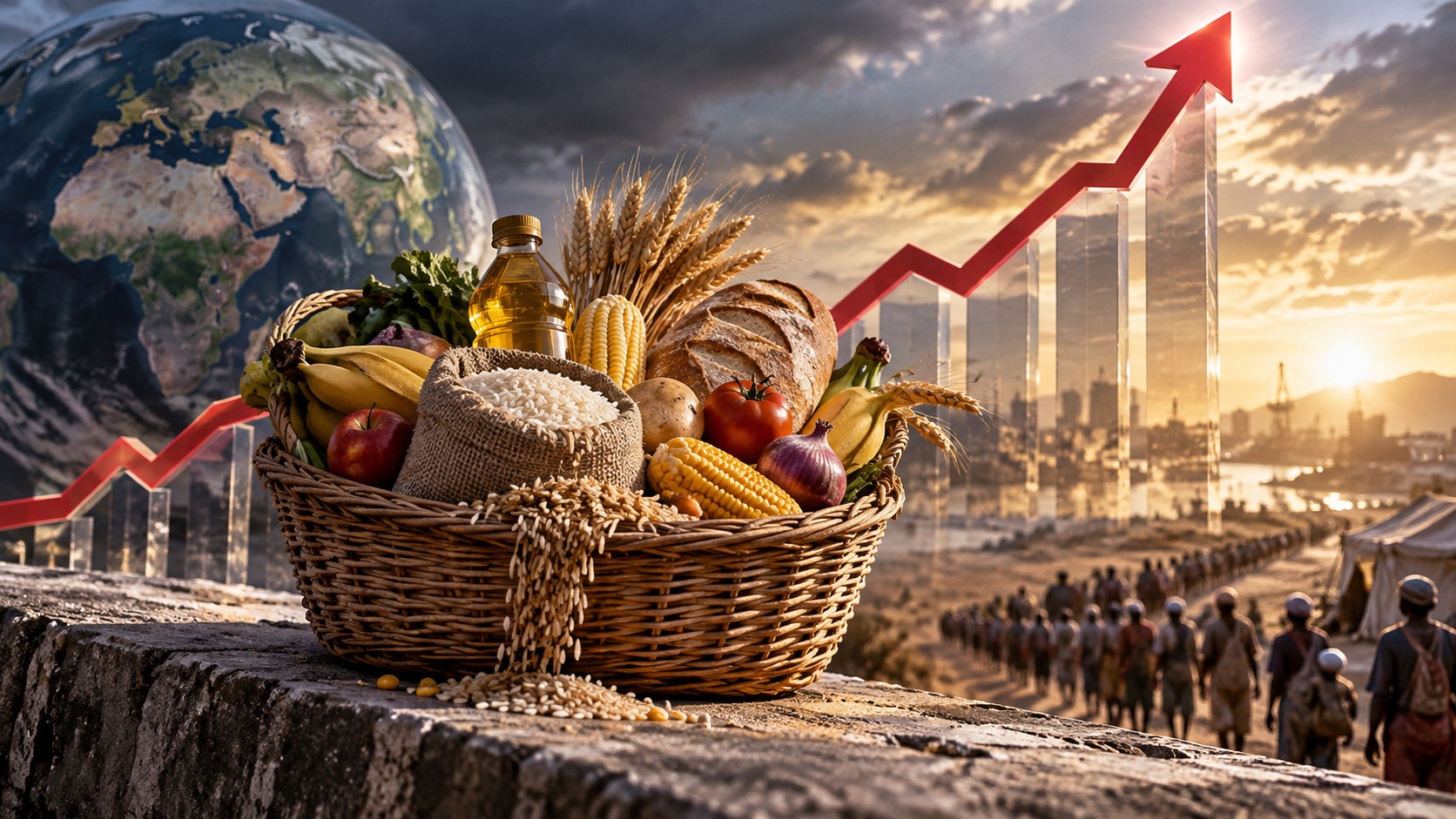 Concept illustration of food basket over a rising price chart; not documentation of an actual forecast event