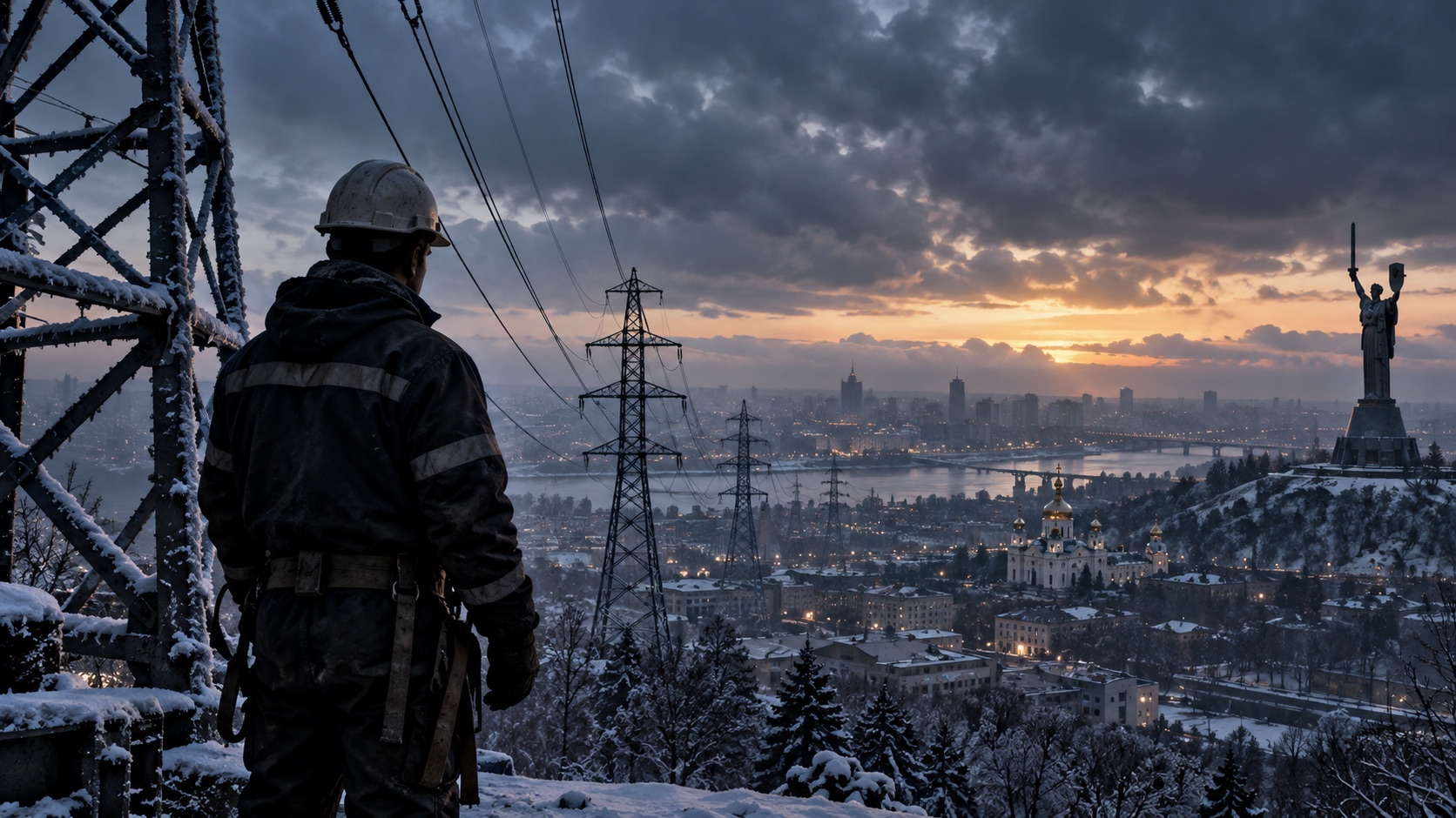 Concept illustration of Ukraine power grid under a winter sky; not documentation of an actual forecast event