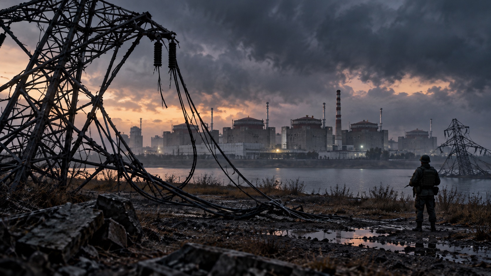 Concept illustration of nuclear plant with severed transmission lines; not documentation of an actual forecast event
