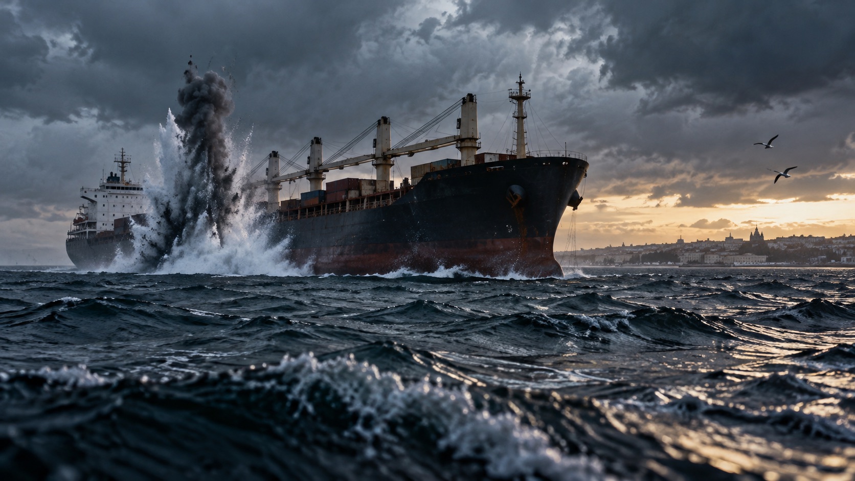 Concept illustration of cargo ship under a Black Sea warning sky; not documentation of an actual forecast event