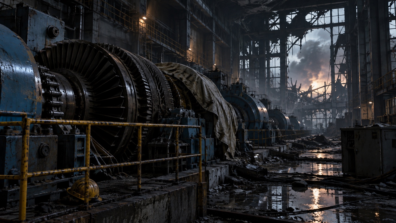 Concept illustration of dark turbine hall inside a power plant; not documentation of an actual forecast event