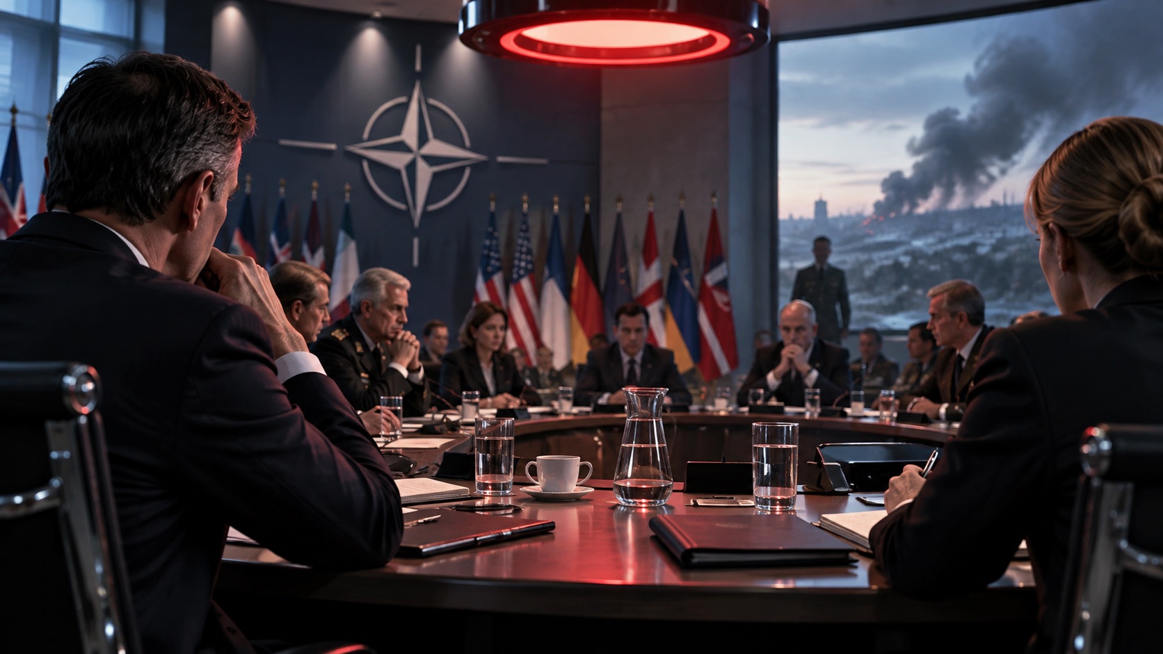 Concept illustration of NATO council table under an alert light; not documentation of an actual forecast event