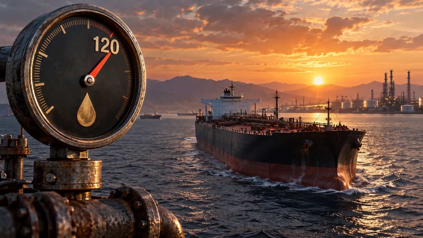 Concept illustration of oil tanker and a 120 dollar price gauge; not documentation of an actual forecast event