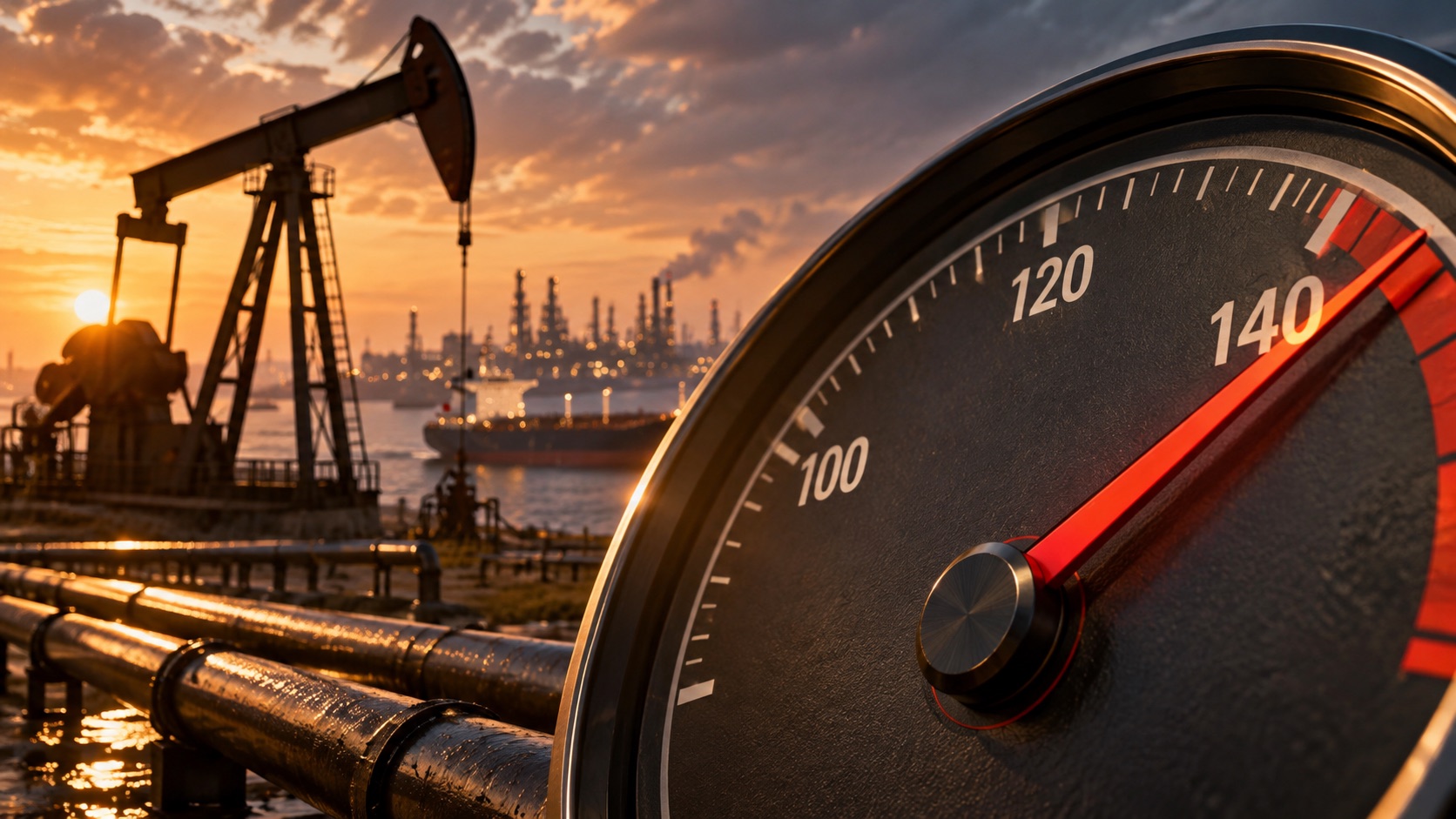 Concept illustration of oil price needle crossing 140; not documentation of an actual forecast event