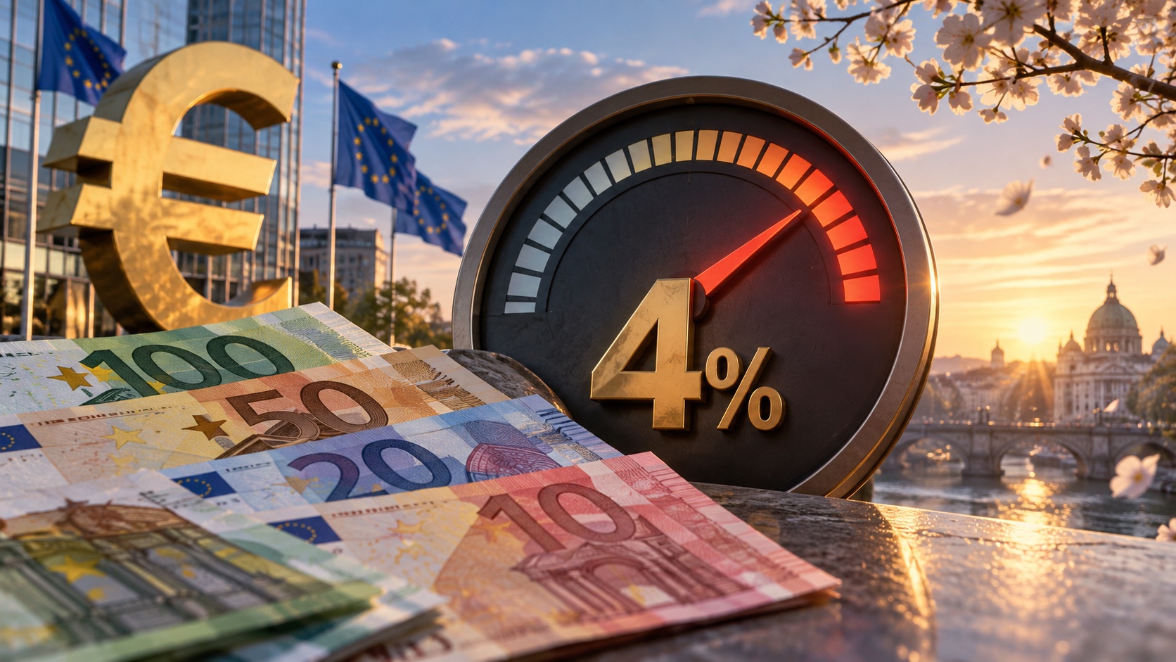 Concept illustration of euro banknotes beside a four percent gauge; not documentation of an actual forecast event