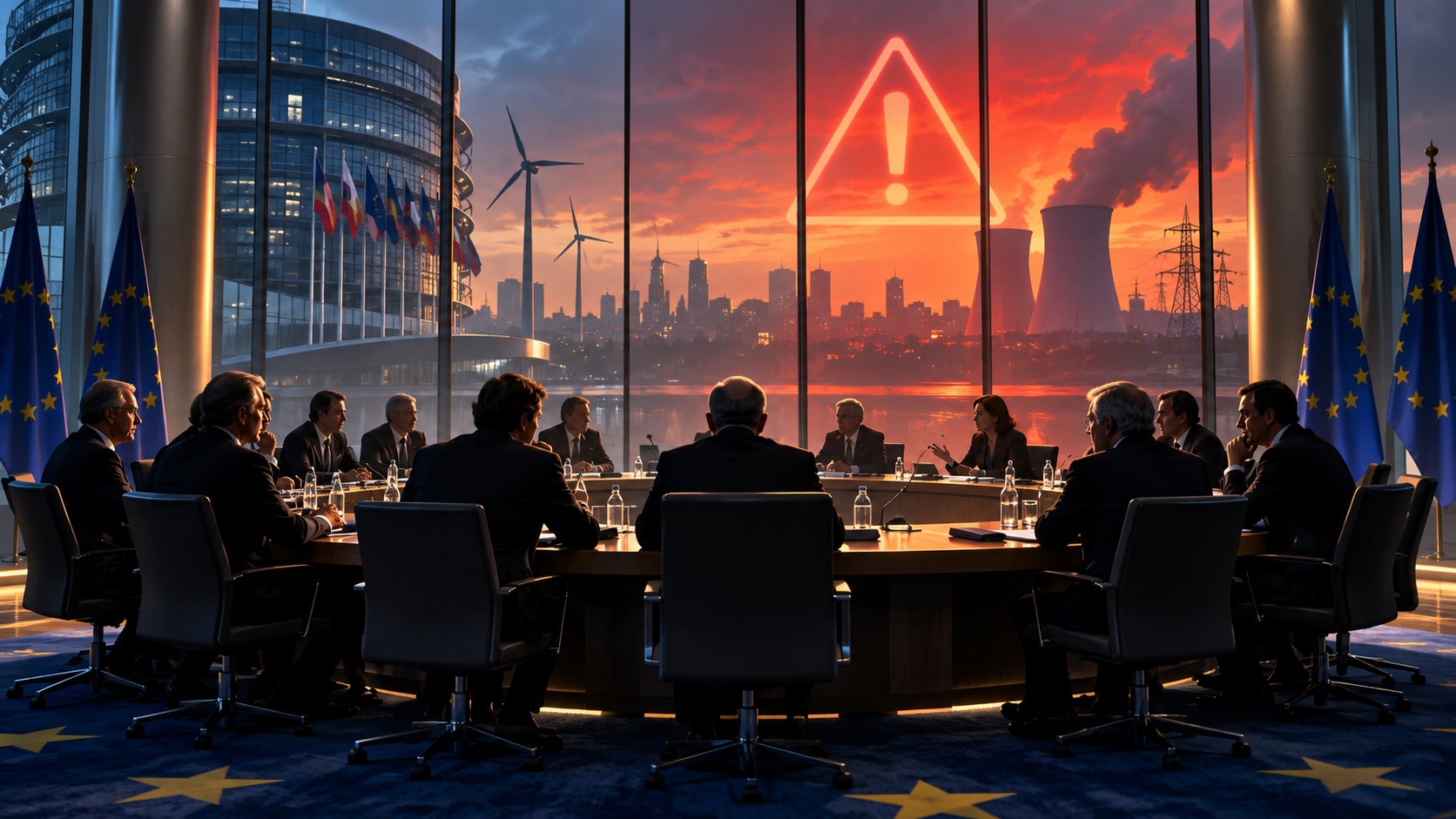 Concept illustration of European Council chamber lit by an energy warning; not documentation of an actual forecast event
