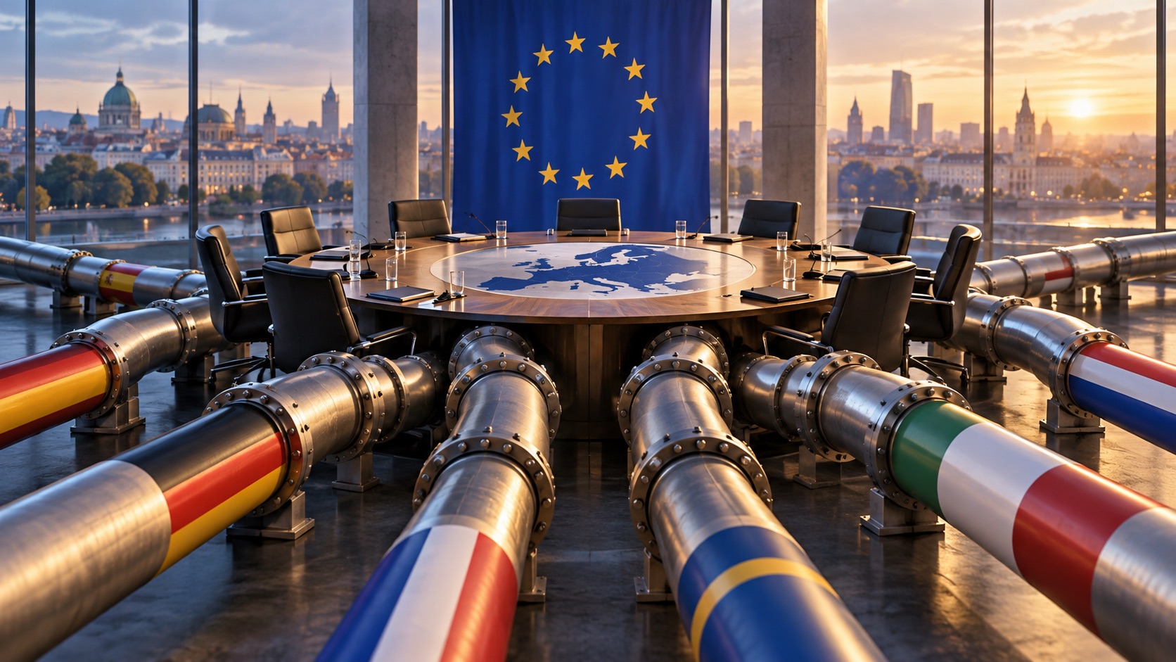 Concept illustration of shared European gas pipes converging at a council table; not documentation of an actual forecast event