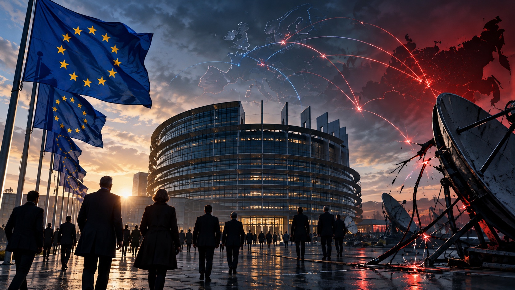 Concept illustration of European parliament silhouette and broken signal lines; not documentation of an actual forecast event
