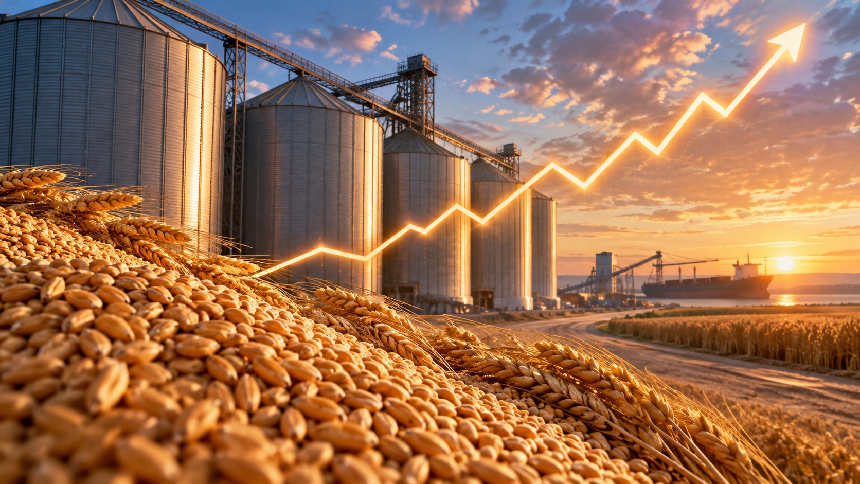 Concept illustration of grain silos and a rising cereal-price line; not documentation of an actual forecast event