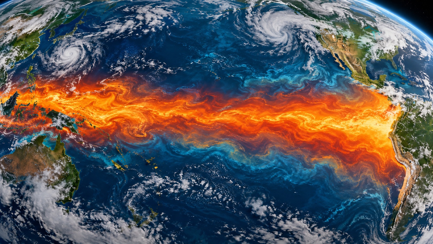 Concept illustration of a warm equatorial Pacific current beneath weather systems