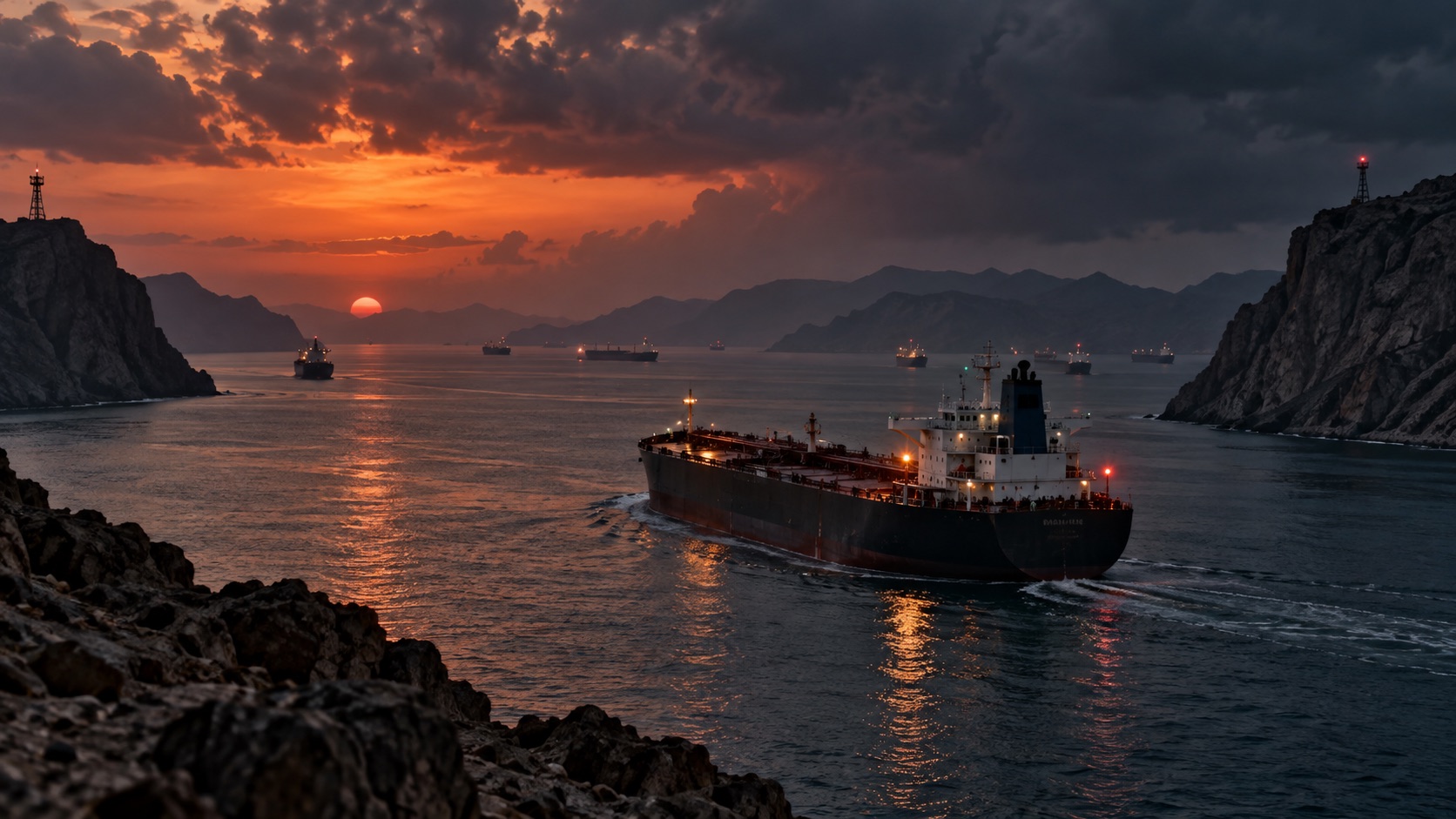 Concept illustration of merchant vessels navigating the Strait of Hormuz at dusk