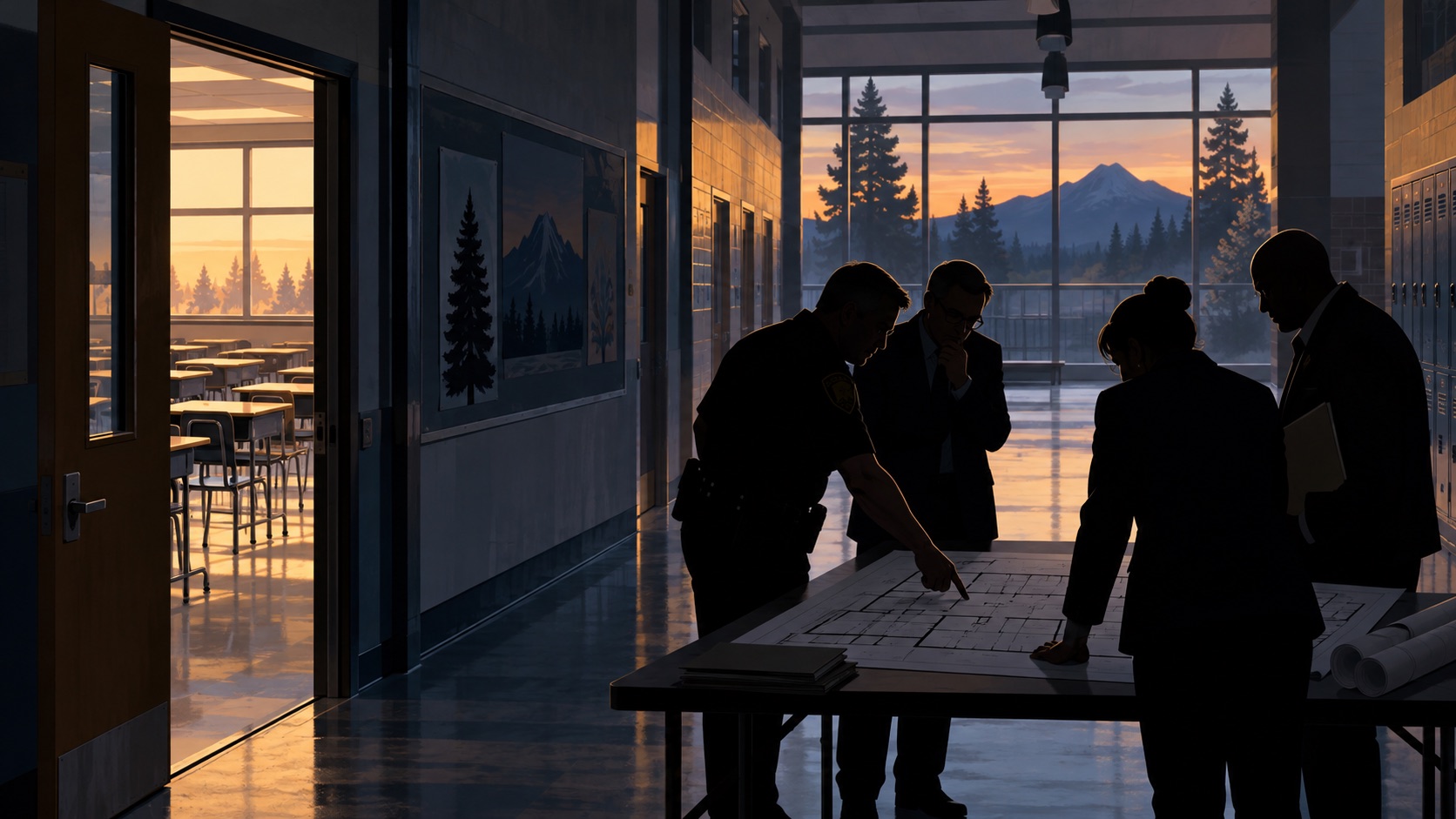 Solemn concept illustration of officials reviewing a school floor plan in an empty corridor