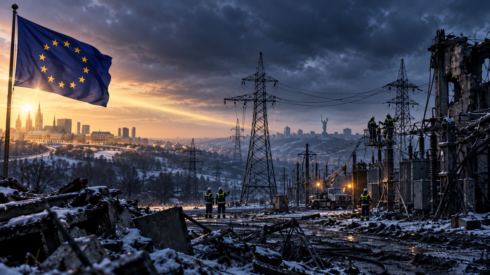 Concept illustration of technicians repairing a winter power grid between Brussels and Kyiv; not a depiction of a forecast event