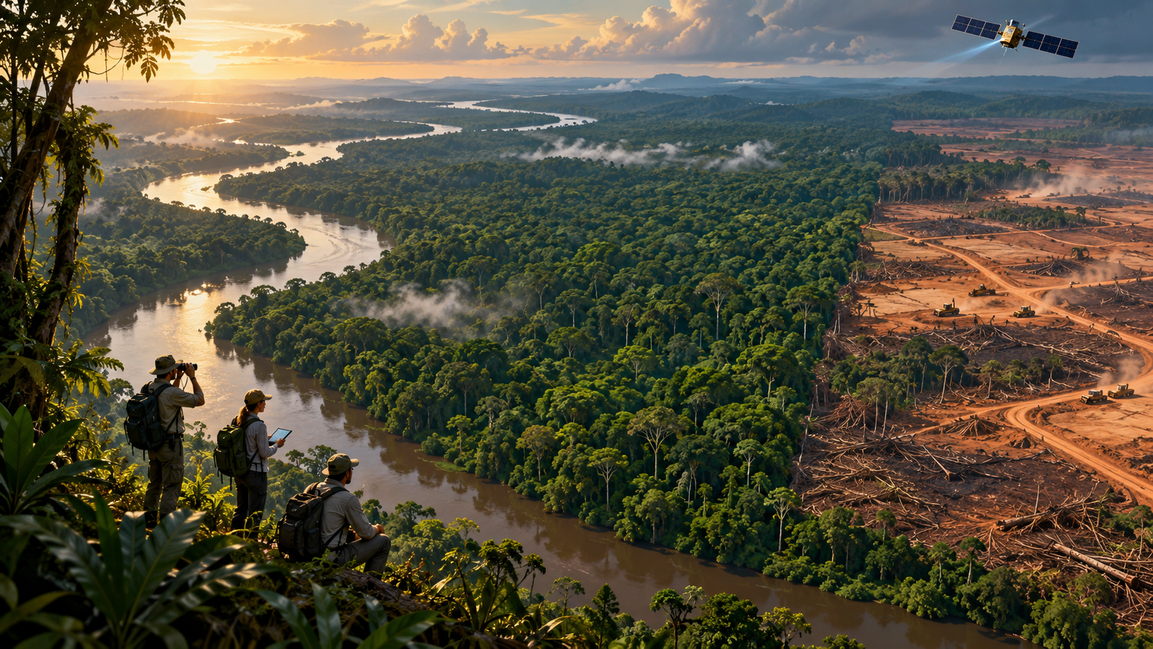 Concept illustration of intact Amazon forest bordering a clearing with a monitoring satellite