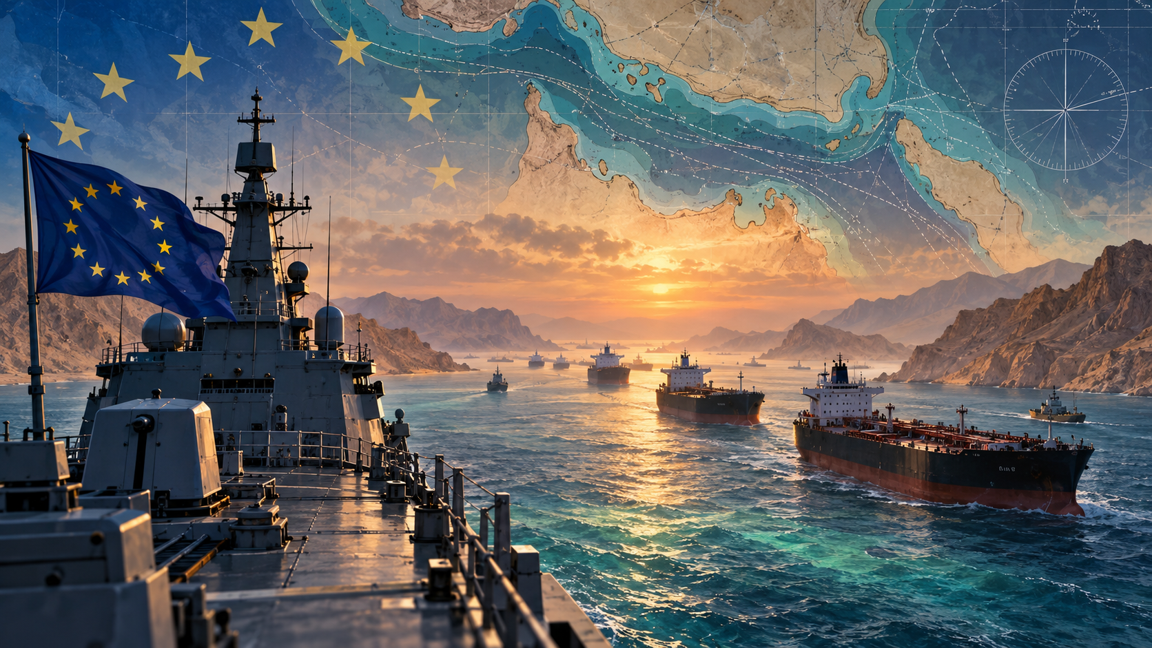 Concept illustration of an EU naval vessel and merchant ships near the Strait of Hormuz
