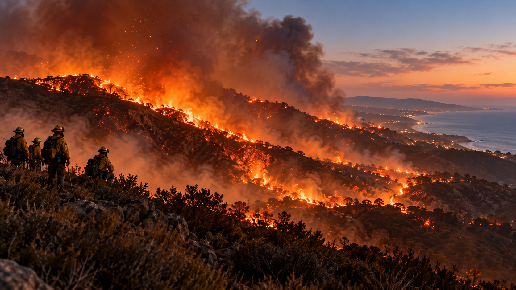 Concept illustration of a California coastal hillside wildfire and distant firefighters