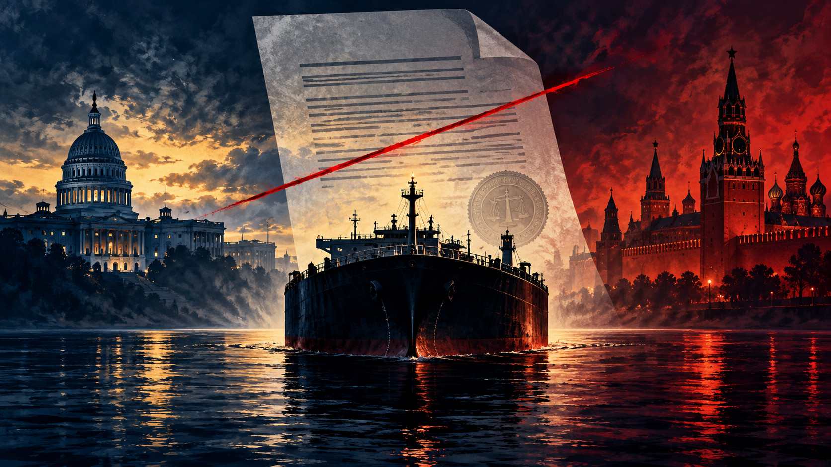 Concept illustration of a tanker, Washington and Moscow split by a legal waiver