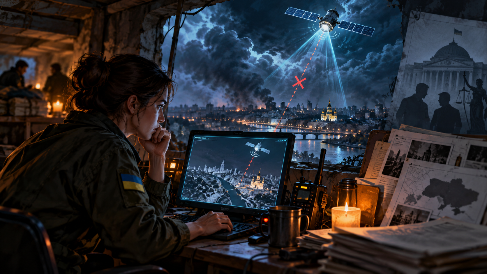 Concept illustration of a Ukrainian operator studying a disrupted satellite link
