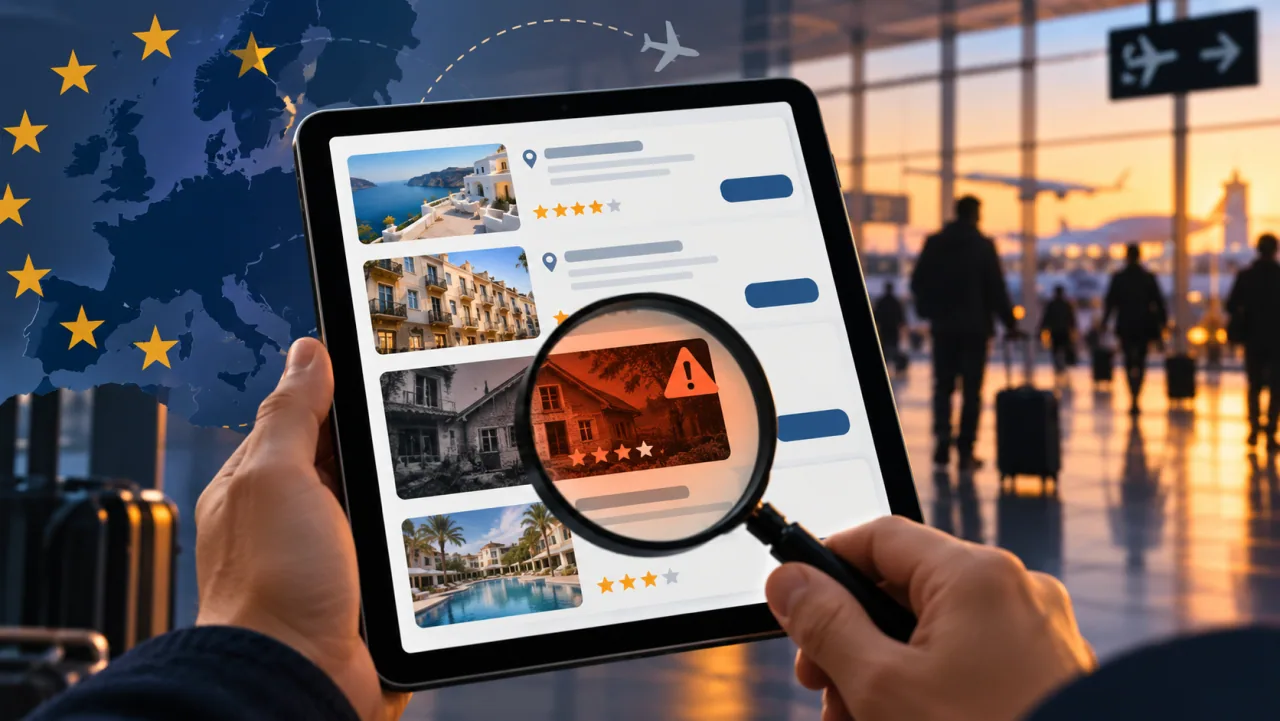 Concept illustration of an anonymous travel listing under a magnifying glass