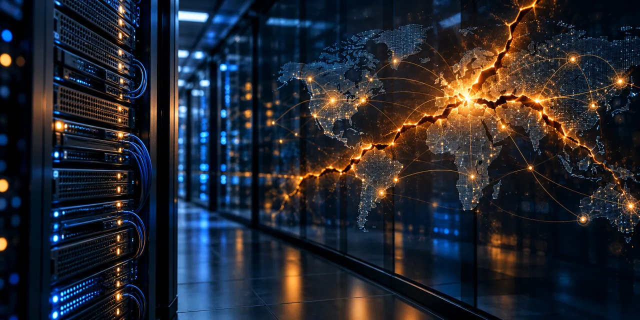 Concept illustration of server racks and an amber vulnerability crack through abstract network nodes
